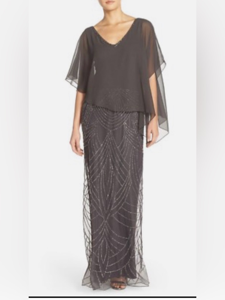 J Kara Charcoal Beaded Mesh Maxi Dress